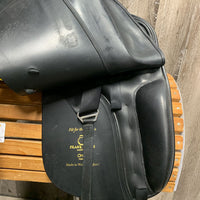 18" MW *5.5" Frank Baines Dressage Saddle, Blue Cotton Frank Baines Cover, Lg Front Blocks, Wool Flocking, Rear Gusset Panels, Flaps: 16.5"L x 14"W Serial # 18 MW 12288
