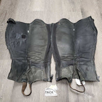 Pr Leather Half Chaps, back zips, bag *gc, dirty, scratches, UNDONE Zipper & Bottom Stitching, curled/folded lining, snags
