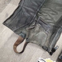Pr Leather Half Chaps, back zips, bag *gc, dirty, scratches, UNDONE Zipper & Bottom Stitching, curled/folded lining, snags
