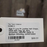 Pr Leather Half Chaps, back zips, bag *gc, dirty, scratches, UNDONE Zipper & Bottom Stitching, curled/folded lining, snags