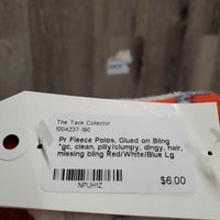 Pr Fleece Polos, Glued on Bling *gc, clean, pilly/clumpy, dingy, hair, missing bling