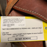 14" Talabarteria Trail Saddle - Made in Colombia - 2 stirrups, fenders & hobble straps, Leather Front & Back Cinch & Billets (4), Crupper *NOT RECOMMENDED for RIDING USE - DISPLAY ONLY