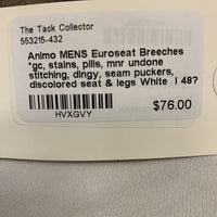 MENS Euroseat Breeches *gc, stains, pills, mnr undone stitching, dingy, seam puckers, discolored seat & legs
