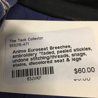 Euroseat Breeches, embroidery *faded, peeled stickies, undone stitching/threads, snags, stains, discolored seat & legs
