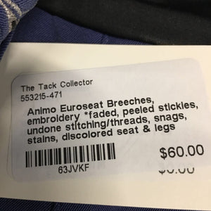 Euroseat Breeches, embroidery *faded, peeled stickies, undone stitching/threads, snags, stains, discolored seat & legs