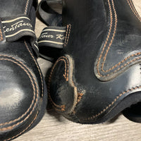 Pr Open Leather Front Boots, tabs *UNDONE & loose stitching, gc, scrapes, scuffs, hairy, dirty, thin edges