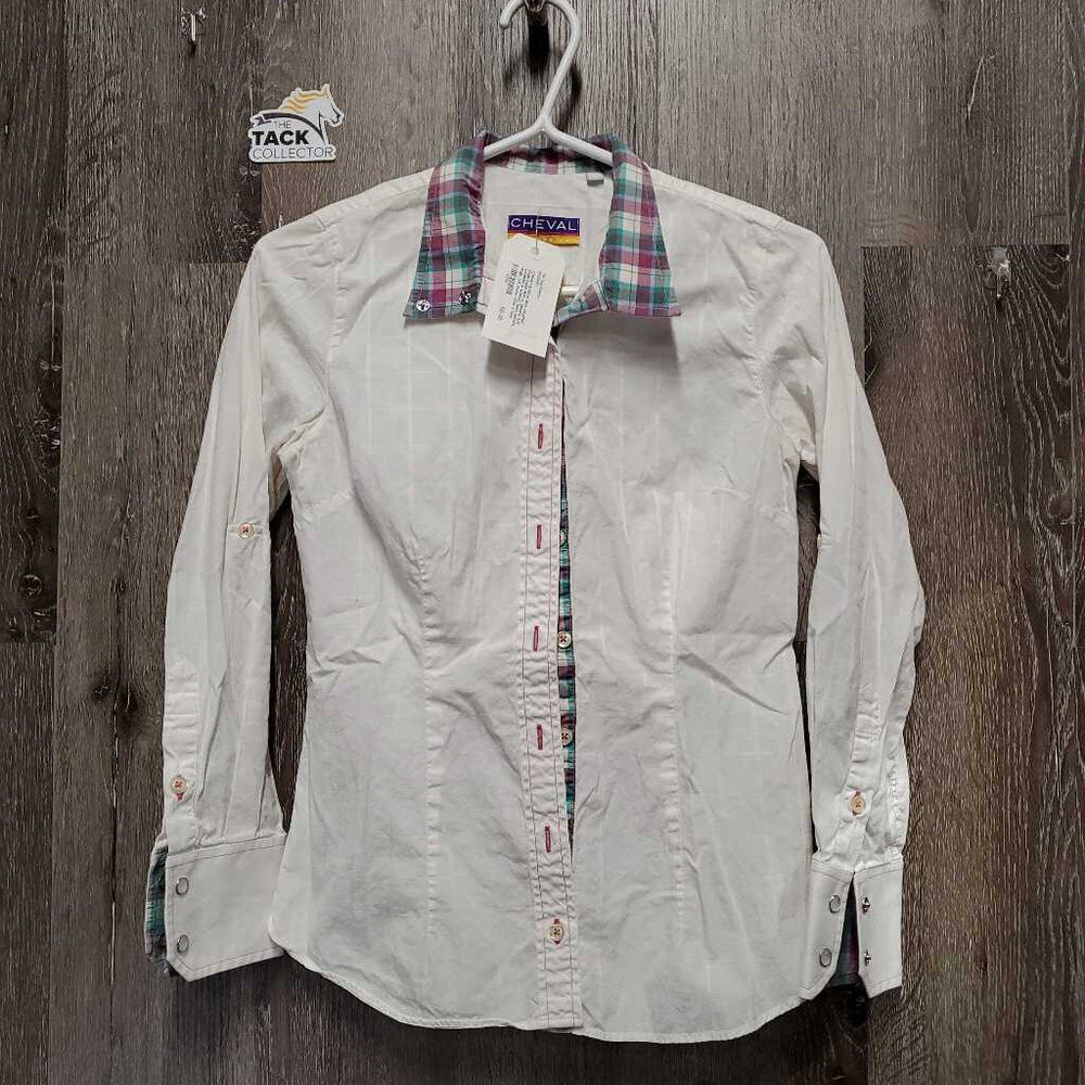 LS Show Shirt, attached Snap Collar, Roll up Sleeves *fair, v.crinkled & wrinkled, seam puckers, dingy, mnr stains