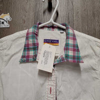 LS Show Shirt, attached Snap Collar, Roll up Sleeves *fair, v.crinkled & wrinkled, seam puckers, dingy, mnr stains