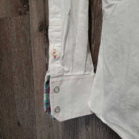 LS Show Shirt, attached Snap Collar, Roll up Sleeves *fair, v.crinkled & wrinkled, seam puckers, dingy, mnr stains
