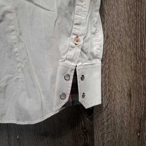 LS Show Shirt, attached Snap Collar, Roll up Sleeves *fair, v.crinkled & wrinkled, seam puckers, dingy, mnr stains