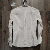 LS Show Shirt, attached Snap Collar, Roll up Sleeves *fair, v.crinkled & wrinkled, seam puckers, dingy, mnr stains
