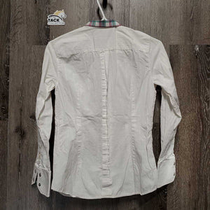 LS Show Shirt, attached Snap Collar, Roll up Sleeves *fair, v.crinkled & wrinkled, seam puckers, dingy, mnr stains