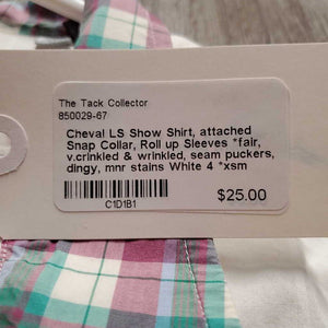 LS Show Shirt, attached Snap Collar, Roll up Sleeves *fair, v.crinkled & wrinkled, seam puckers, dingy, mnr stains