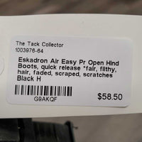 Pr Open Hind Boots, quick release *fair, filthy, hair, faded, scraped, scratches
