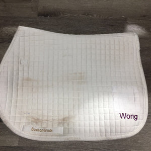 Quilt Jumper Pad, embroidered *gc, mnr stains, cut tabs, v. pilly, hairy, covered embroidery, v. rubbed binding