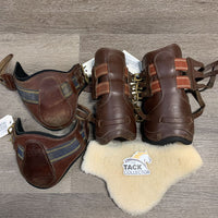 Open Front & Hind Leather Boots, buckles, pr hind fleece liners, 4 neoprene liners *gc, stains, scrapes, dry, stiff, scratches, mismatched
