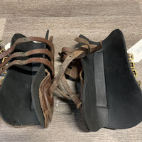 Open Front & Hind Leather Boots, buckles, pr hind fleece liners, 4 neoprene liners *gc, stains, scrapes, dry, stiff, scratches, mismatched
