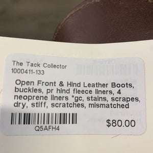 Open Front & Hind Leather Boots, buckles, pr hind fleece liners, 4 neoprene liners *gc, stains, scrapes, dry, stiff, scratches, mismatched
