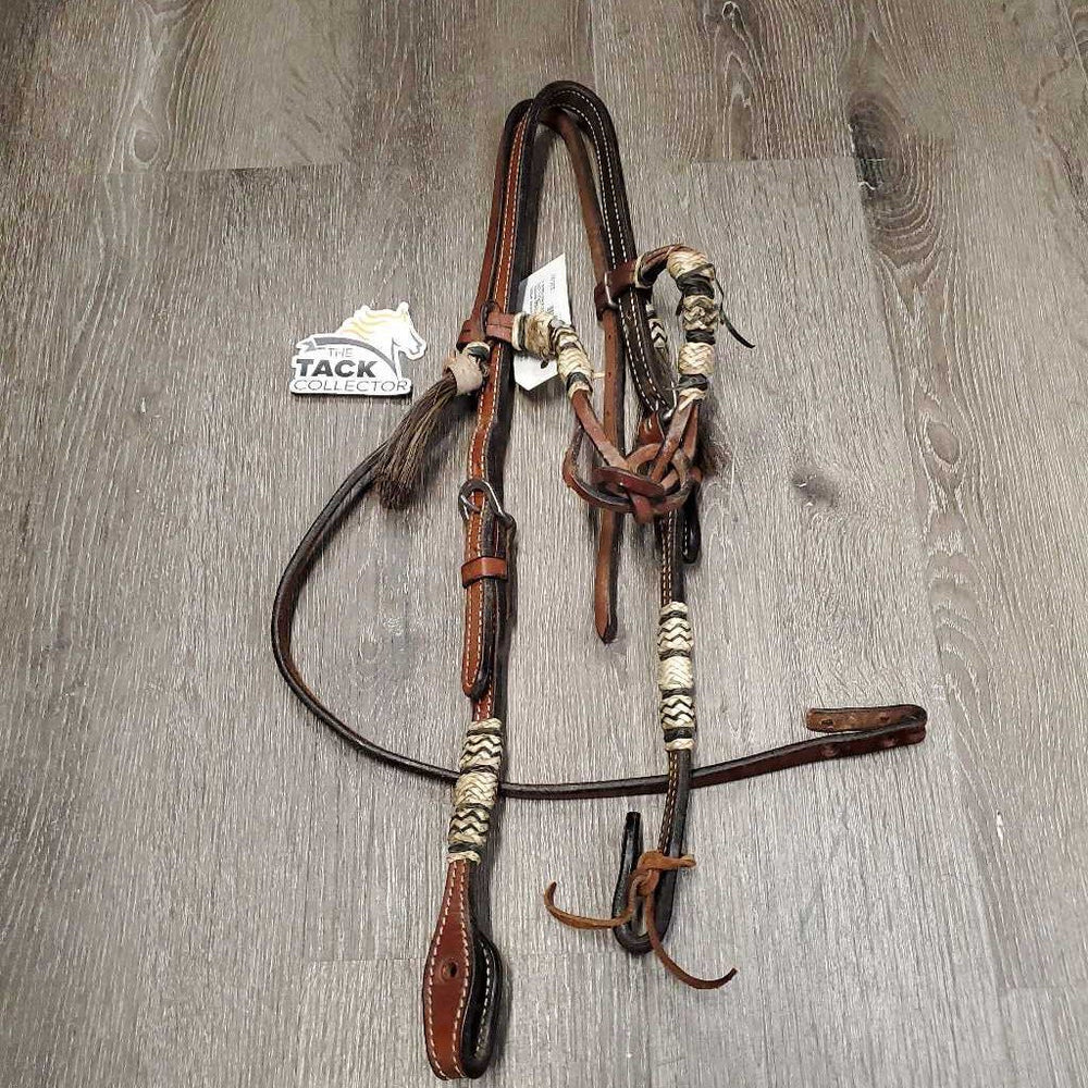 Headstall, Tassels, rawhide wraps, 1 Lace *missing 3 chicago screws, gc, unravelled browband, dry, stiff, mnr dirt