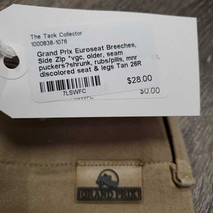 Euroseat Breeches, Side Zip *vgc, older, seam puckers?shrunk, rubs/pills, mnr discolored seat & legs
