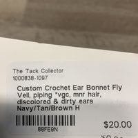 Custom Crochet Ear Bonnet Fly Veil, piping *vgc, mnr hair, discolored & dirty ears