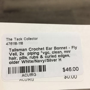 Crochet Ear Bonnet - Fly Veil, 2x piping *vgc, clean, mnr hair, pills, rubs & curled edges, older