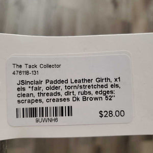 Padded Leather Girth, x1 els *fair, older, torn/stretched els, clean, threads, dirt, rubs, edges: scrapes, creases