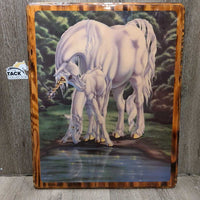"First Look in The Mere" Unicorn Mare & Foal by Sue Dawe Wood Painting - 1982 *vgc, mnr scratches
