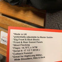 17.5" MW *5.5" Black Country Wexford X All Purpose, 2 Billet Guards, Black Cotton Black Country Cover, Xlg Front & Back Blocks, Front & Rear Gusset Panels, Wool Flocking, Flaps: 14.75"L x 14"W Serial #: 17 1/2 T 30120 J
