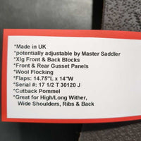 17.5" MW *5.5" Black Country Wexford X All Purpose, 2 Billet Guards, Black Cotton Black Country Cover, Xlg Front & Back Blocks, Front & Rear Gusset Panels, Wool Flocking, Flaps: 14.75"L x 14"W Serial #: 17 1/2 T 30120 J
