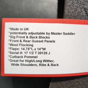 17.5" MW *5.5" Black Country Wexford X All Purpose, 2 Billet Guards, Black Cotton Black Country Cover, Xlg Front & Back Blocks, Front & Rear Gusset Panels, Wool Flocking, Flaps: 14.75"L x 14"W Serial #: 17 1/2 T 30120 J