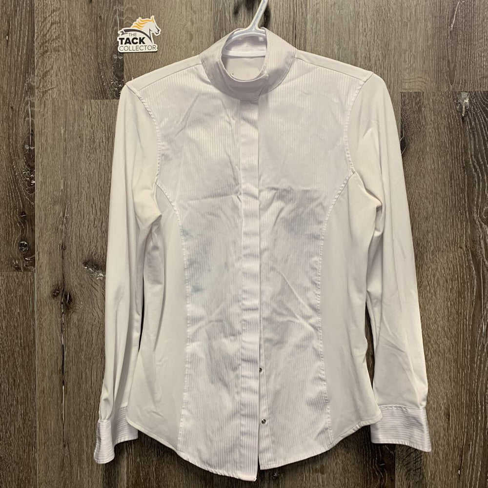 LS Snap Up Show Shirt *gc, stains, older, v.curled collar, seam puckers, wrinkles
