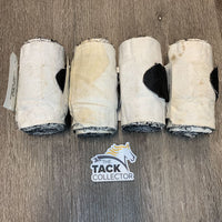 4 Cotton Flannel Leg Wraps, velcro *gc, mnr dirt, older, stains, hairy, frayed edges
