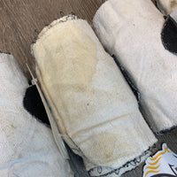 4 Cotton Flannel Leg Wraps, velcro *gc, mnr dirt, older, stains, hairy, frayed edges
