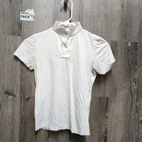 JUNIORS SS Show Shirt, 1/4 Button Up, attached snap collar *fair, v.dingy, threads: undone seam stitching
