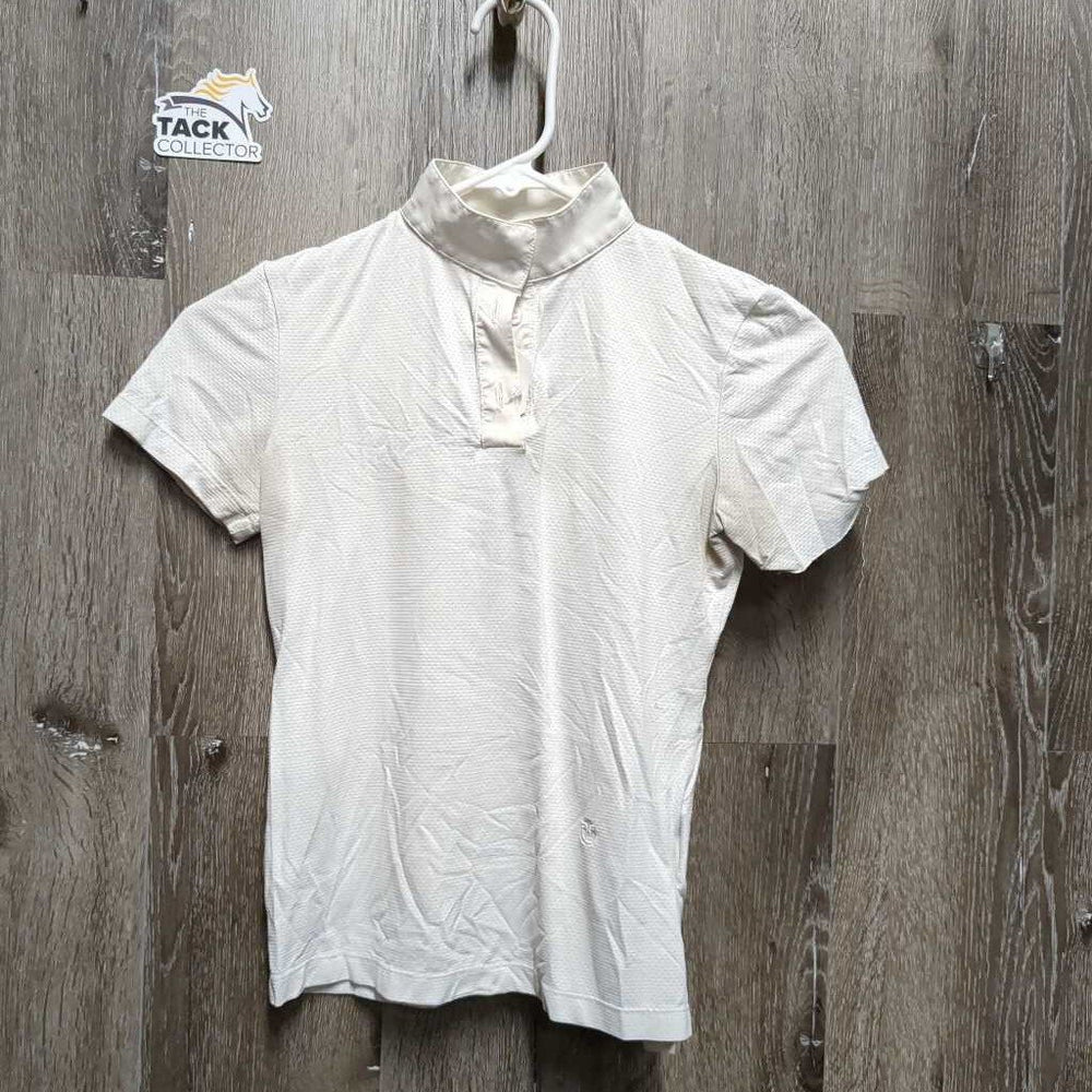 JUNIORS SS Show Shirt, 1/4 Button Up, attached snap collar *fair, v.dingy, threads: undone seam stitching