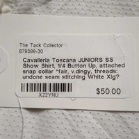 JUNIORS SS Show Shirt, 1/4 Button Up, attached snap collar *fair, v.dingy, threads: undone seam stitching
