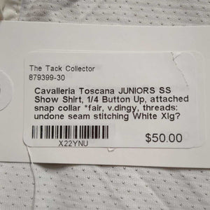 JUNIORS SS Show Shirt, 1/4 Button Up, attached snap collar *fair, v.dingy, threads: undone seam stitching
