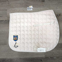 Quilt Jumper Saddle Pad, 1x piping, patches, embroidery *gc, clean, stained, mnr hair, sm binding tear, rubbed piping pills
