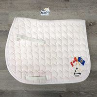 Quilt Jumper Saddle Pad, 1x piping, patches, embroidery *gc, clean, stained, mnr hair, sm binding tear, rubbed piping pills
