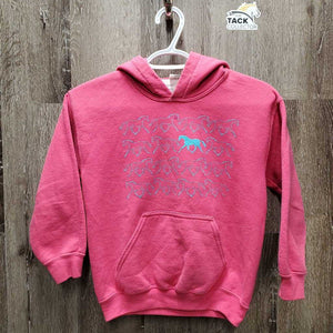 JUNIORS LS Sweatshirt Hoodie, front pocket *gc, pilly, faded, mnr loose stitching & threads, sm stain, cracking