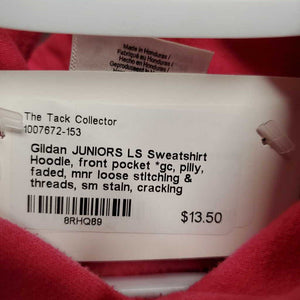 JUNIORS LS Sweatshirt Hoodie, front pocket *gc, pilly, faded, mnr loose stitching & threads, sm stain, cracking