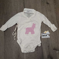 BABY LS Light Onesie, snaps & laces *loose/frayed embroidery patch, gc, mnr hair
