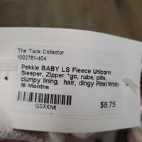 BABY LS Fleece Unicorn Sleeper, Zipper *gc, rubs, pills, clumpy lining, hair, dingy
