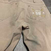 Euro Seat Breeches *loose threads, v.discolored/stained seat & legs, seam puckers, faded, undone stitching, stains
