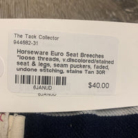 Euro Seat Breeches *loose threads, v.discolored/stained seat & legs, seam puckers, faded, undone stitching, stains
