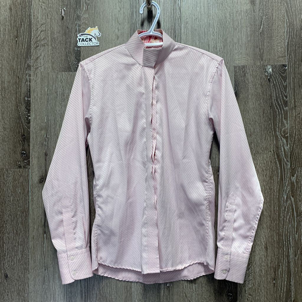 LS Show Shirt, attached snap collar *gc, older, seam puckers, v.curled corners