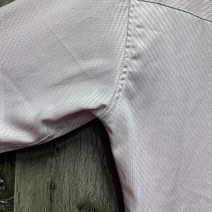LS Show Shirt, attached snap collar *gc, older, seam puckers, v.curled corners