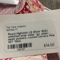 LS Show Shirt, attached snap collar *gc, older, seam puckers, v.curled corners
