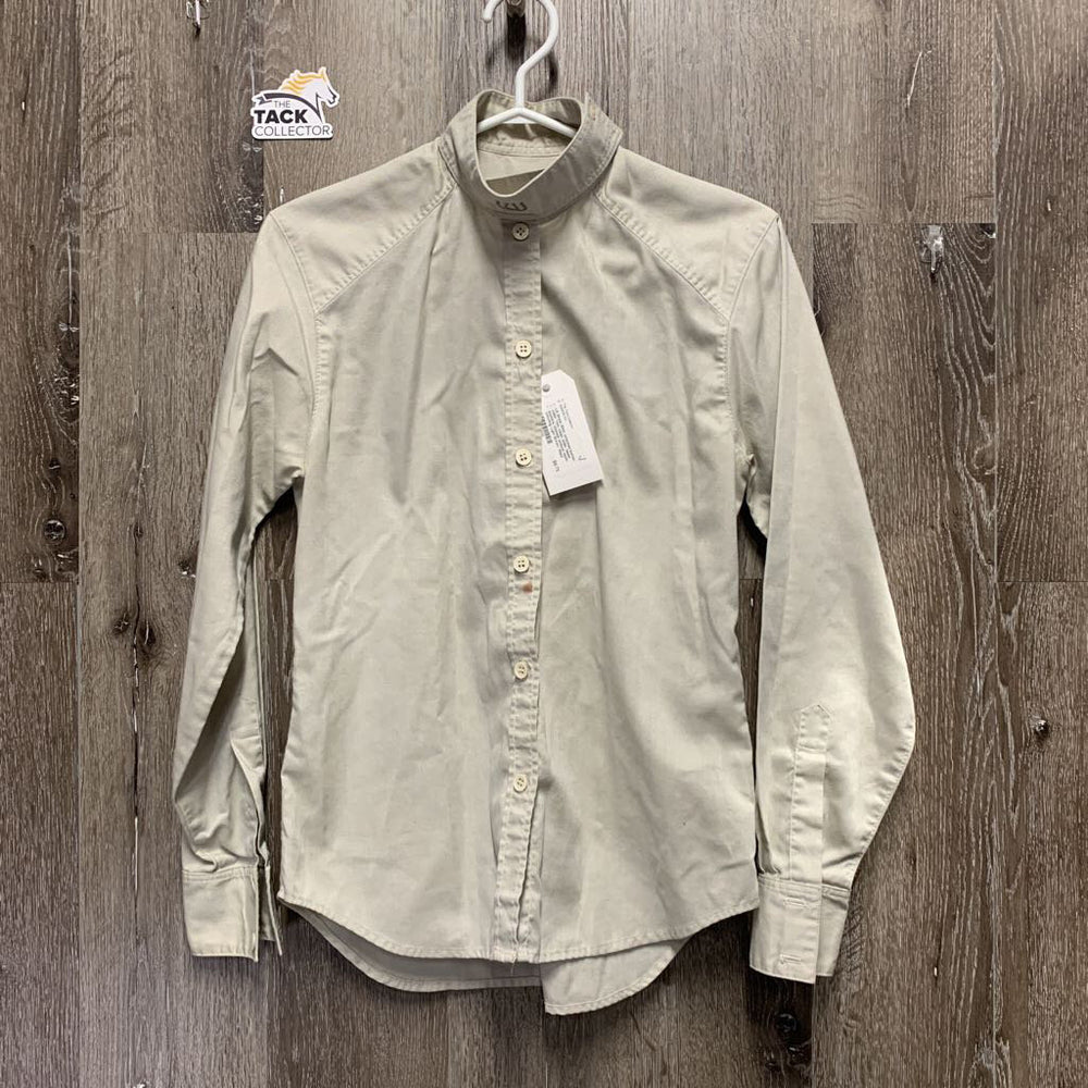 LS Show Shirt, attached button collar *fair, clean, older, seam puckers, stained, undone seam stitching